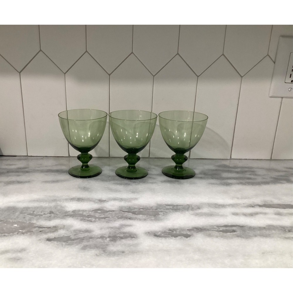 Orrefors Hand Blown Crystal Green Water Goblets MCM Barware Made In Sweden (3)